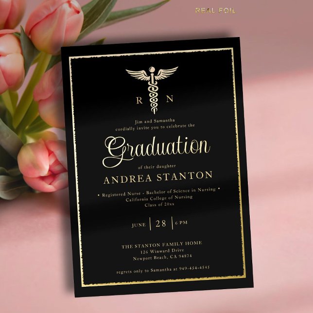 Nurse School Graduation Frame Caduceum Modern Gold (nurse nursing school graduation gold foil caduceum brushed frame contemporary modern elegant simple )