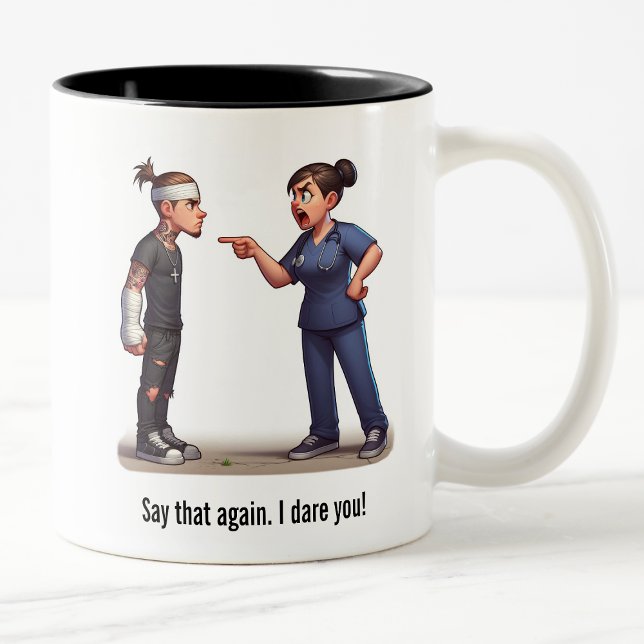 Nurse Schooling the Tough Gang Member Patient Two-Tone Coffee Mug (Creator Uploaded)