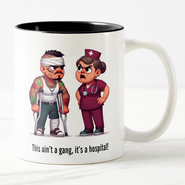 Nurse Schooling the Tough Gang Member Patient Two-Tone Coffee Mug (Creator Uploaded)