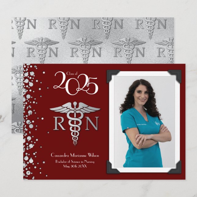 Nurse Silver Graduation Announcement Maroon Photo (Front/Back)