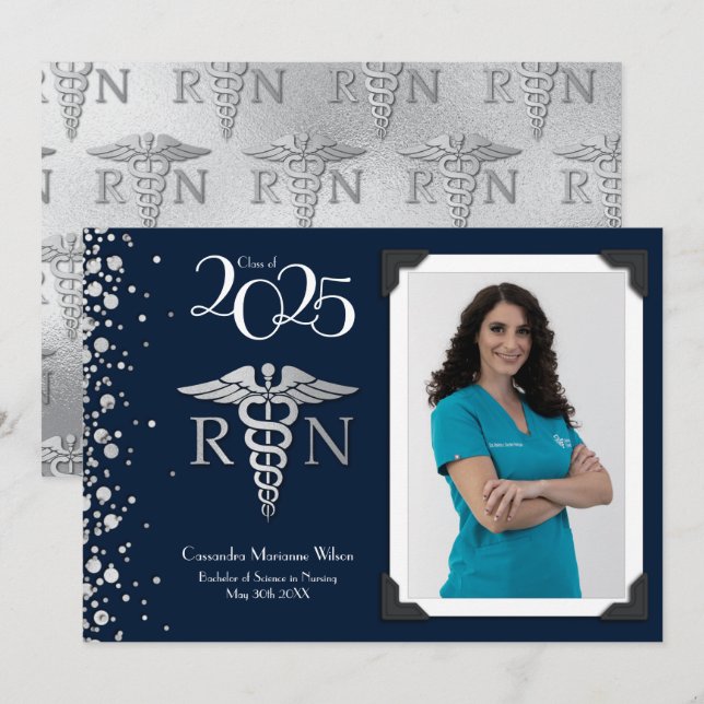 Nurse Silver Graduation Announcement Navy Blue  (Front/Back)