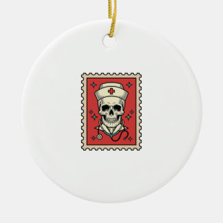 Nurse Skull Funny Retro Stamp_1 Ceramic Tree Decoration