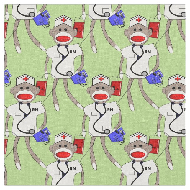 Nurse Sock Monkey Fabric Green (Close Up)