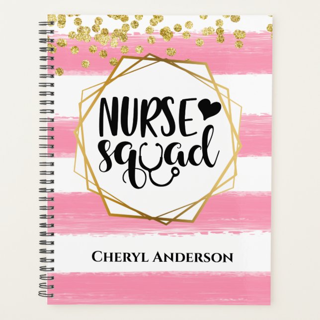 Nurse squad DIY name pink white glitter stripes Planner (Front)