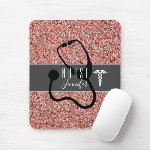 Nurse Stethoscope Caduceus Pink Rose Gold Glitter Mouse Pad