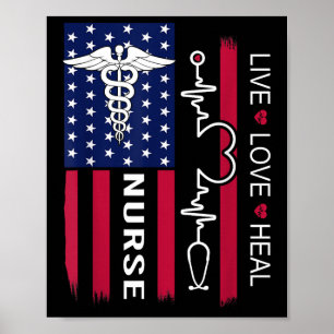 Nurse Stethoscope Heartbeat American Flag Nurse Gi Poster