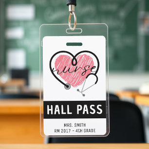 Nurse Stethoscope Pink Heart White Hall Pass ID Badge