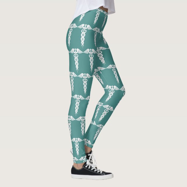 Nurse Teal White Caduceus Symbols Pattern Leggings (Right)