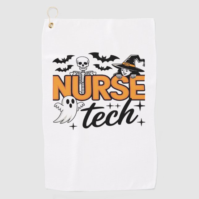 Nurse Tech - Halloween - with skeleton, witch, and Golf Towel (Front)