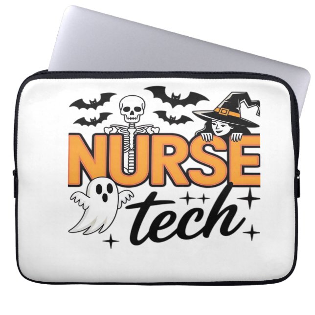 Nurse Tech - Halloween - with skeleton, witch, and Laptop Sleeve (Front)