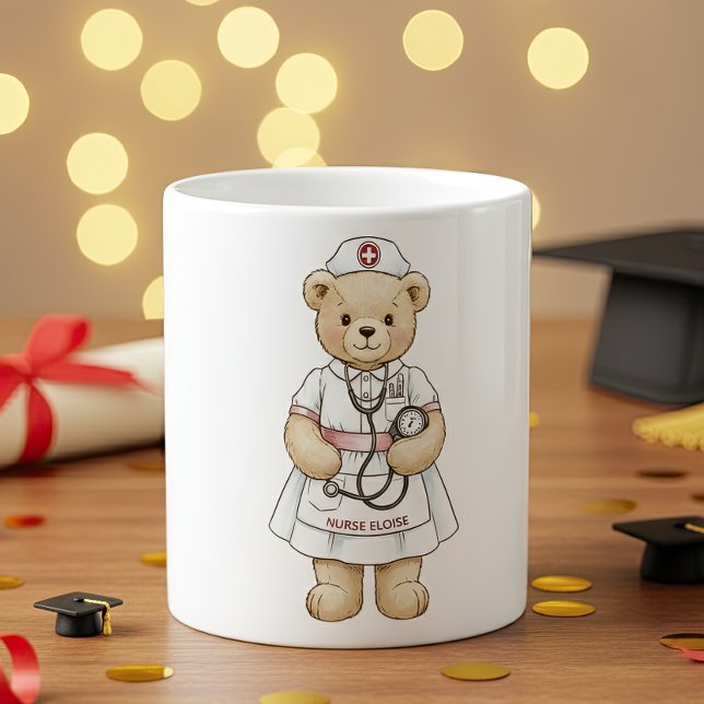 Nurse Teddy Bear Mug – Custom Name Gift for Nurses (Nurse coffee mug with custom name. Appreciation gift for medical staff workers on hospital. )