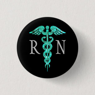 Nurse Turquoise Caduceus Grey Button