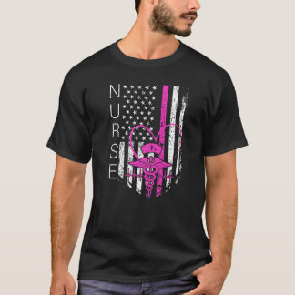 Nurse Usa Flag Wpink Stripe T-Shirt