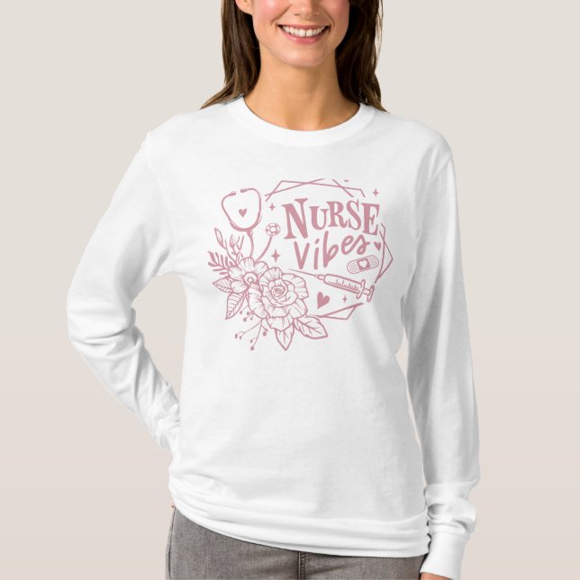 Nurse Vibes Floral Stethoscope Pink T-Shirt (Front)