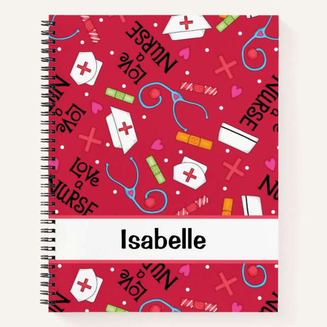 Nurse Whimsy Medical Art Red Name Personalised Notebook (Front)