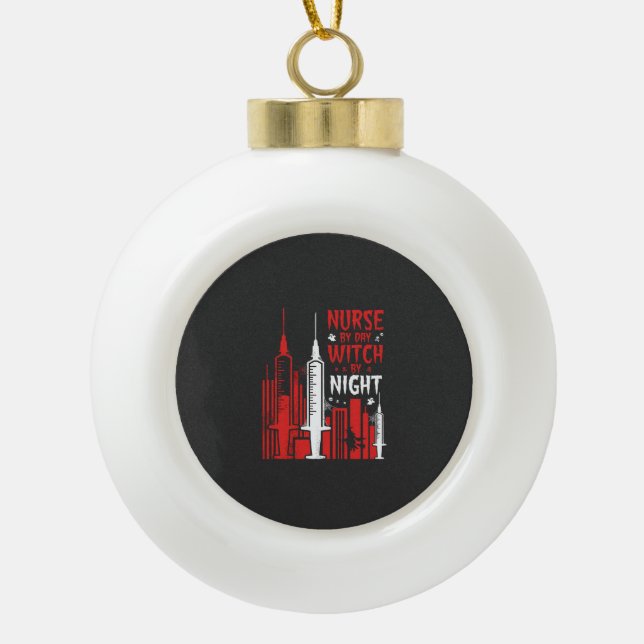 Nurse Witch Halloween Skyline Design_1 Ceramic Ball Christmas Ornament (Front)