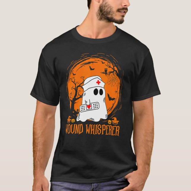Nurse Wound Whisperer Pumpkin Moon Ghost Halloween T-Shirt (Front)