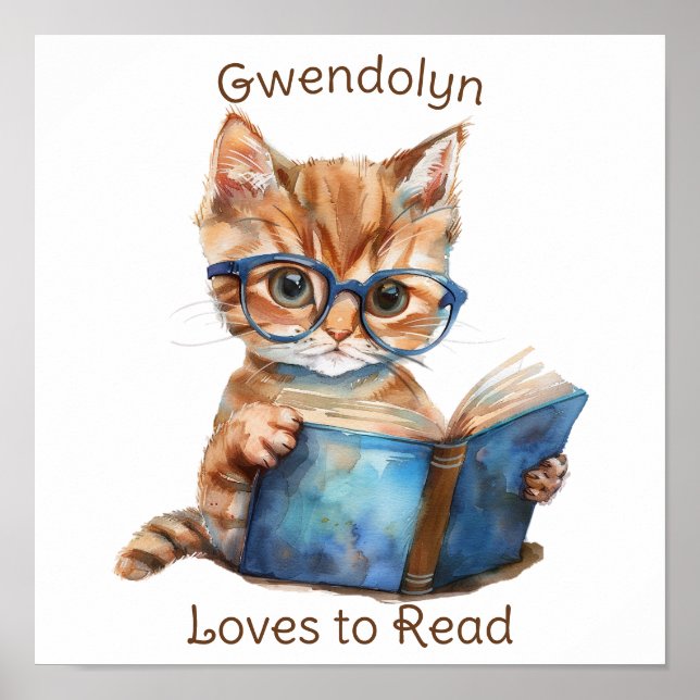 Nursery Art Poster Cat Reading a Book  Personalise (Front)