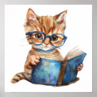 Nursery Art Poster Cat Reading with Eyeglasses