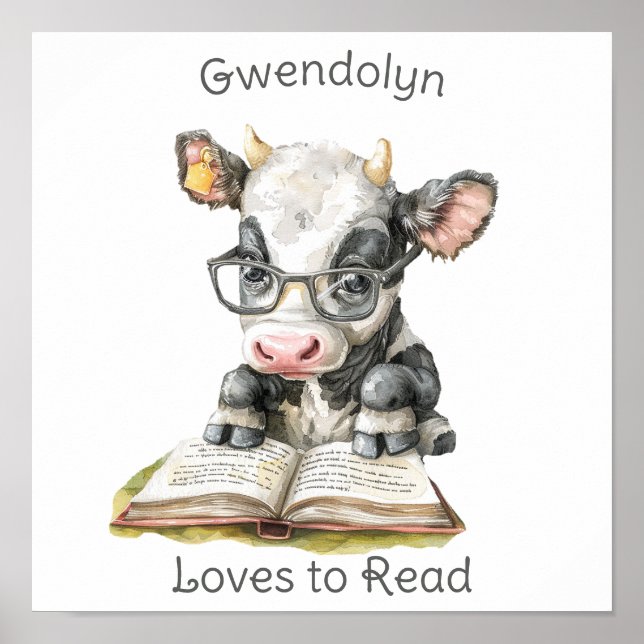 Nursery Art Poster Cow Reading a Book Personalise (Front)