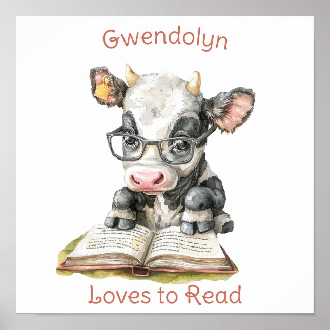 Nursery Art Poster Cow Reading a Book Personalise (Front)