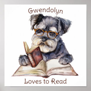 Nursery Art Poster Dog Reading a Book  Personalise