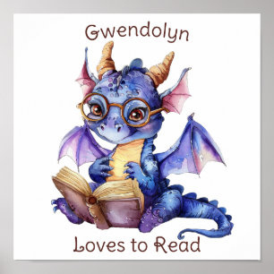Nursery Art Poster Dragon Reading Personalise