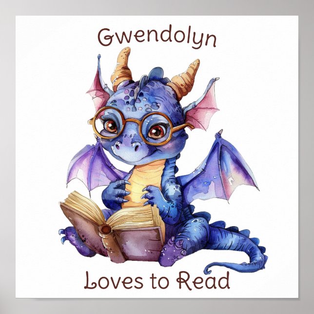 Nursery Art Poster Dragon Reading Personalise (Front)