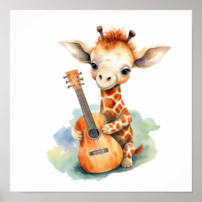 Nursery Art Poster Giraffe with a Guitar  (Front)
