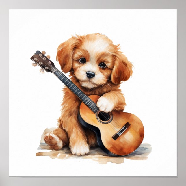 Nursery Art Poster Puppy with a Guitar  (Front)