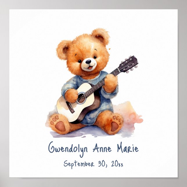 Nursery Art Poster Teddy Bear Guitar Customisable (Front)