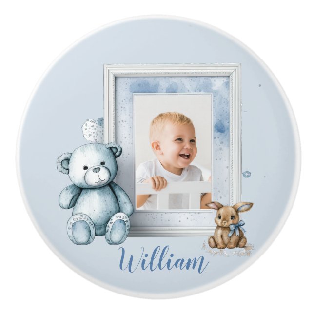Nursery Baby Blue Photo Frame Teddy Bunny Ceramic Knob (Front)