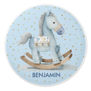 Nursery Baby Blue Rocking Horse Name Drawer Ceramic Knob