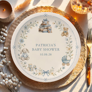 Nursery Blue Floral Baby Shower Paper Plates