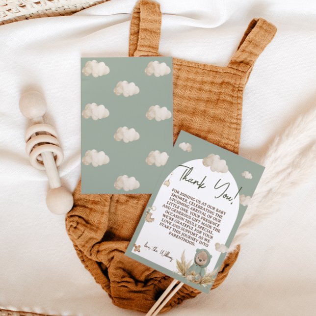 Nursery Boho Bear Baby Shower Green Floral Thank You Card (Creator Uploaded)