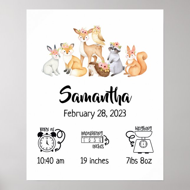 Nursery boho woodland animals birth stats poster (Front)