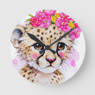 Nursery Clock Baby Cheetah with Pink Flower Crown