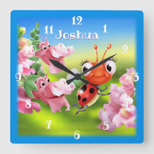 Nursery clock Ladybug in the flower garden.