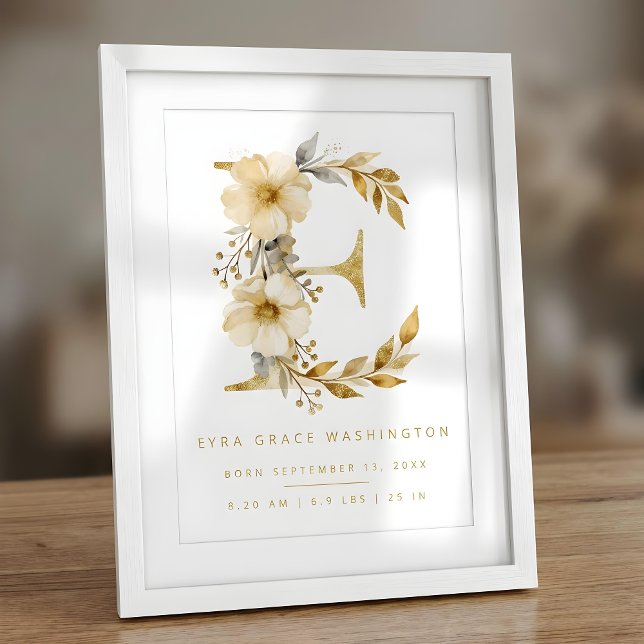 Nursery Cute Romantic Floral E Letter Gold Glitter Poster (Delicate Romantic Floral E Letter in Gold Glitter Effect Posters for Nursery Decor. )
