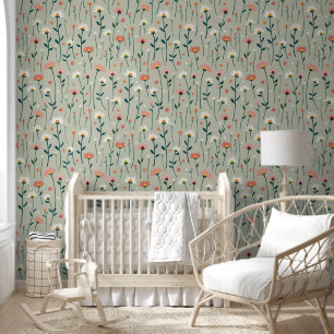 Nursery Decor Boho Daisy Wildflower Sage Green  Wallpaper
