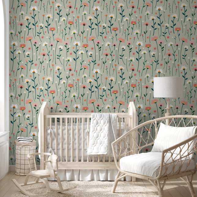 Nursery Decor Boho Daisy Wildflower Sage Green  Wallpaper (Kids)