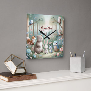 Nursery Decor, Forest Cute Animals - Custom Name  Square Wall Clock