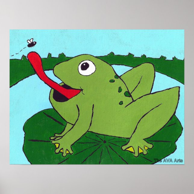 Nursery Decor, Frog catching fly, Hand Drawn Poster (Front)
