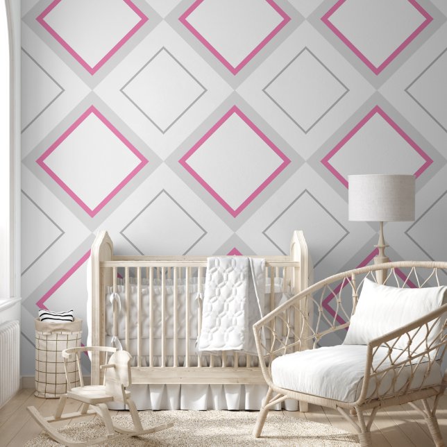 Nursery Girls Room Large Pink & Grey Diamonds Wallpaper (Kids)