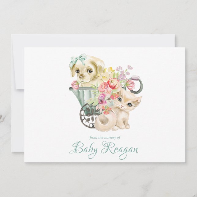 Nursery Kitten & Puppy  Monogram Baby Shower Thank You Card (Front)