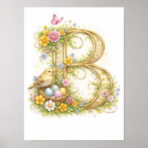 Nursery Letter B Baby Initial Gold Floral Poster