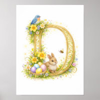 Nursery Letter D Baby Bunny Initial Gold Floral