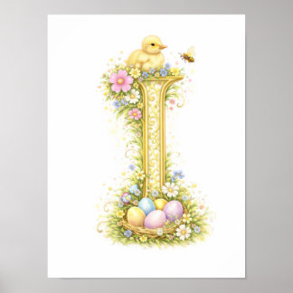 Nursery Letter I Baby Duckling Initial Gold Floral Poster