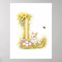 Nursery Letter L Baby Bunny Initial Gold Floral