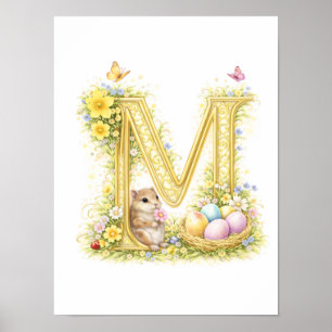 Nursery Letter M Baby Hamster Initial Gold Floral Poster